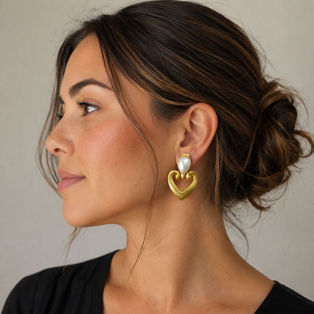 Vintage Gold Tone Heart Clip On Earrings Faux Pearl